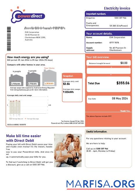 Blank Australia Powerdirect electricity business utility bill template in Word and PDF format